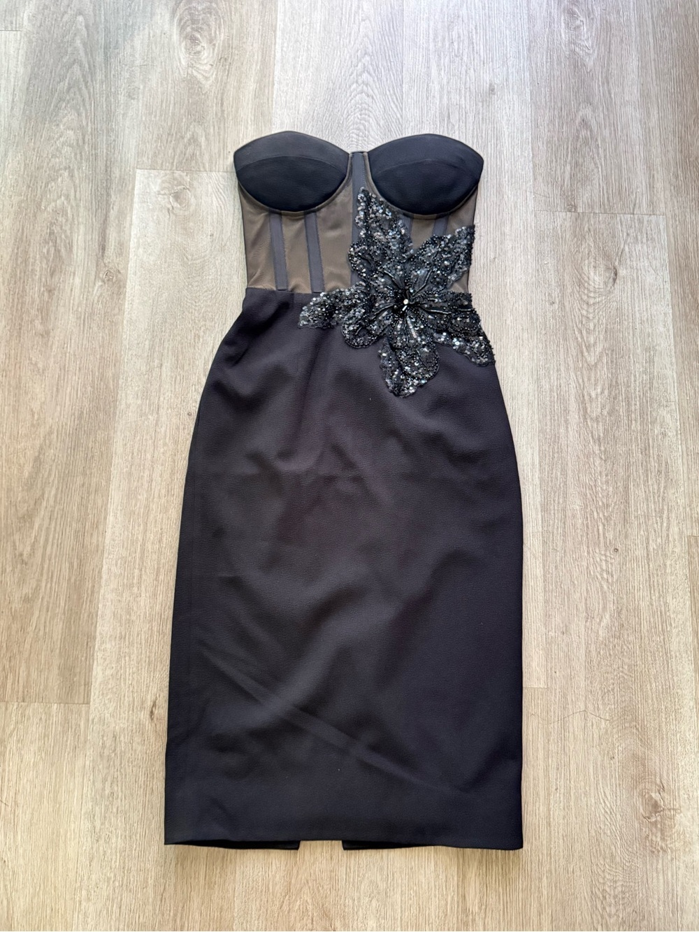 helsi stella black 3d sequin floral applique sheer bodice midi dress size XS NEW